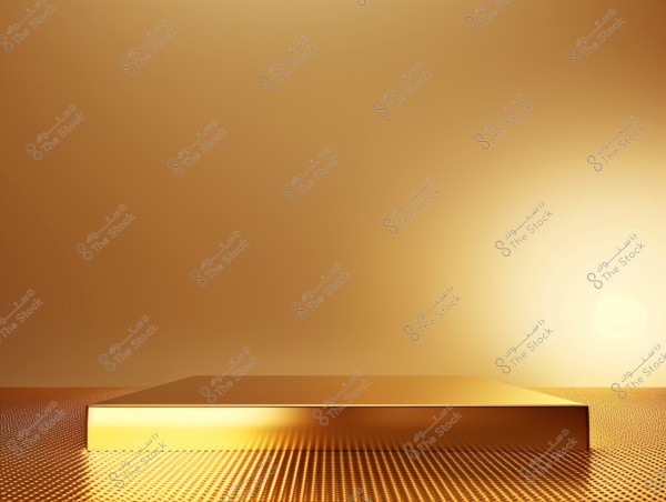 A golden rectangular platform is centered in the image, placed on a lit golden surface. The background features warm golden gradients, creating a sense of luxury and shine.