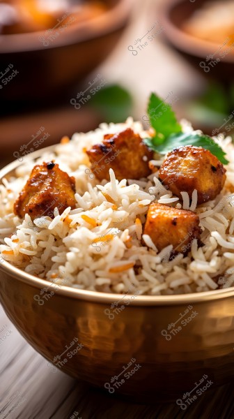 An image of a dish of white basmati rice with grilled chicken pieces, garnished with green coriander leaves. The dish is served in a copper bowl placed on a wooden table, giving a traditional and warm touch.