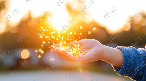 A small child\'s hand under the sunlight, holding a glittering material resembling golden dust, with a blurred background and bright golden sunlight.
