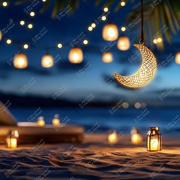 A nighttime beach scene with warm and distinctive lighting. A crescent-shaped lantern hangs lit in the foreground, while spherical lights adorn the area, creating a serene and romantic atmosphere. In the background, the sandy beach and calm waters are visible under the night sky.