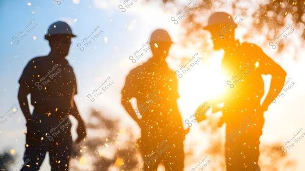 Image showing three workers wearing protective helmets at a construction site. The strong lighting and background make them appear as silhouettes with golden sparks flying in the air. The bright sun adds to the overall warmth and brightness of the scene.