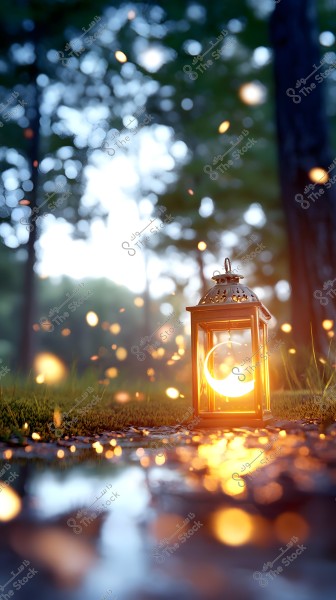 A lit lantern placed on a grass-covered ground, with surrounding light glimmers and a few glowing particles. In the background, large green trees are visible with daylight filtering through. The setting suggests a serene and tranquil atmosphere.