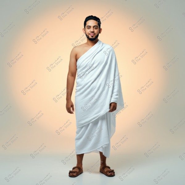 An image of a man wearing a white ihram garment, traditional attire used for Hajj or Umrah rituals. He stands confidently against a soft-lit background with an orange and white glow. He is wearing comfortable brown sandals that complement his spiritual appearance.