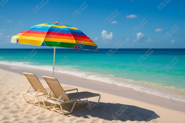 A serene beach scene featuring a colorful umbrella with red, yellow, blue, and green stripes, shading two lounge chairs on the white sand. The turquoise blue sea extends into the background under a clear blue sky with a few small clouds.