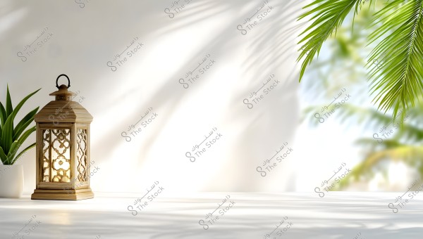 An image shows a traditional brown lantern with Arabic-style patterns placed on a white surface next to a green plant in a white pot. In the background, shadows of green palm leaves are cast on the white wall by natural lighting.
