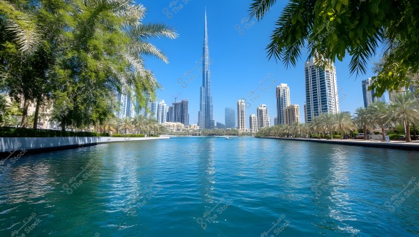 A view of the iconic Burj Khalifa surrounded by skyscrapers in Dubai, UAE, reflecting in the clear blue water of a lake bordered by palm trees and greenery under a clear blue sky.