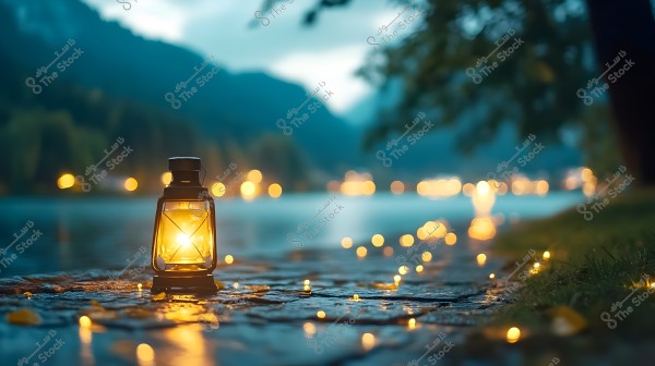 A lit lantern glows on a pathway beside the edge of a lake at dusk. The light from the lantern reflects on the wet stones, with bokeh lighting effects visible in the background, creating a warm and peaceful scene amidst nature.