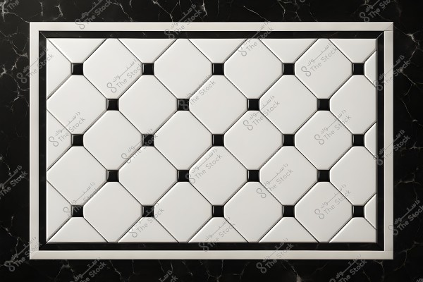 A panel of white tiles arranged in a geometric quadrilateral pattern, with small black tile inserts at the corners. The outer frame of the tiles is black with dark marbled details.