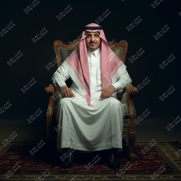A portrait of a man seated on an ornate chair. He is wearing a traditional white thobe with a red and white checkered shemagh and a black agal, suggesting traditional Saudi Arabian attire. The setting includes a red carpet beneath the chair.