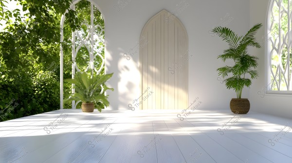 An image of a room with a white wooden floor, featuring large ornate windows that allow natural light to enter. In the background, there is a white wall with an arched wooden door. The room contains green plants in pots, adding a touch of natural beauty.
