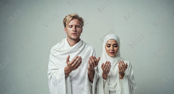 صورة لشخصين يقفان جنبًا إلى جنب في وضعية صلاة. الشخص على اليسار يرتدي إحرامًا أبيض اللون, والشخص على اليمين يرتدي حجابًا وملابس تقليدية بيضاء. يبدو اللون موحدًا وهادئًا, مع خلفية رمادية بسيطة.