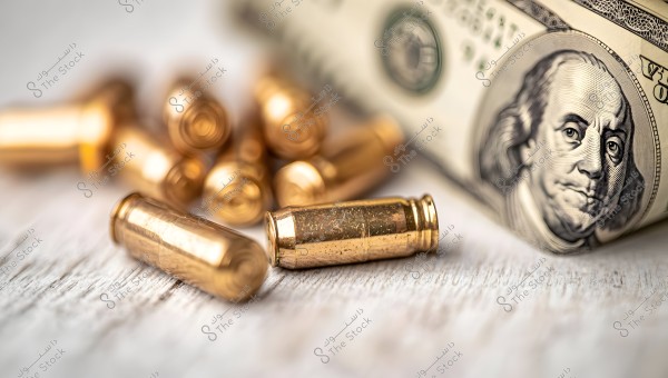 A collection of copper bullets scattered on a wooden surface, next to a roll of 100-dollar bills showing part of Benjamin Franklin\'s face.