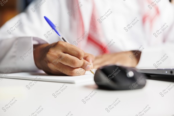An image of a person wearing a white thobe and a red and white ghutra, writing with a blue pen on a white paper while seated at a white table. On the table, there is a computer mouse and part of a laptop.