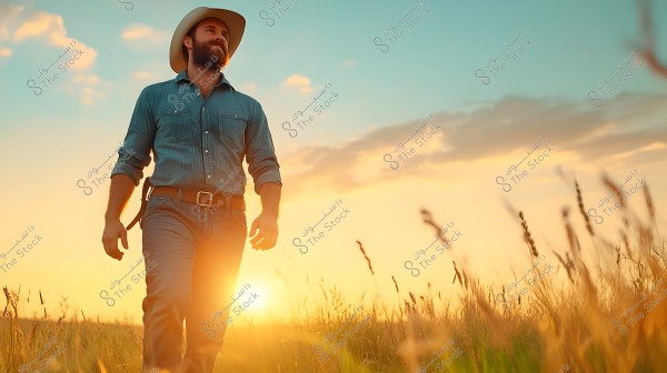 A man wearing a cowboy hat and denim shirt walks through an open field at sunset. The sky shows hues of orange and blue with some scattered light clouds. The sun, positioned behind him, casts a warm glow over the golden grass.