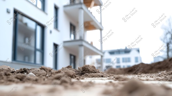 An image showing a pile of dirt in the foreground with a residential building in the background. The building has glass balconies and large window frames. The focus of the image is on the dirt, while the background and buildings appear blurry. The sky in the background looks overcast.