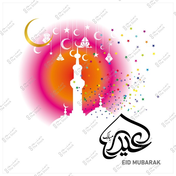 تصميم للاحتفال بعيد الفطر يتضمن هلال ونجوم ومسجد مع كتابة \"عيد مبارك\" بالخط العربي.
