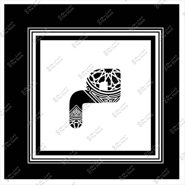 تصميم تجريدي لأحد الأحرف باللغة الإنجليزية يشبه حرف "P", يحتوي على أنماط وزخارف هندسية باللونين الأسود والأبيض, محاط بإطار متعدد الطبقات باللون الأسود.

-