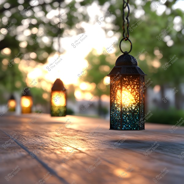 ** A brightly lit lantern in warm colors is hanging above a wooden table, with the reddish sun setting in the background through green trees. Other lanterns glow on the table, creating a peaceful and romantic scene.\r\n\r\n**