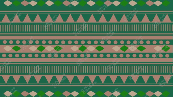 Image of a traditional decorative pattern featuring recurring geometric lines with shapes like triangles, circles, and squares. The main colors used are green and beige, with the motifs arranged symmetrically in a horizontal manner.