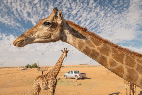 The image shows a close-up of a giraffe in a desert environment, with a clear blue sky and scattered white clouds. In the background, other giraffes and a small white pickup truck are visible on the sandy desert terrain.