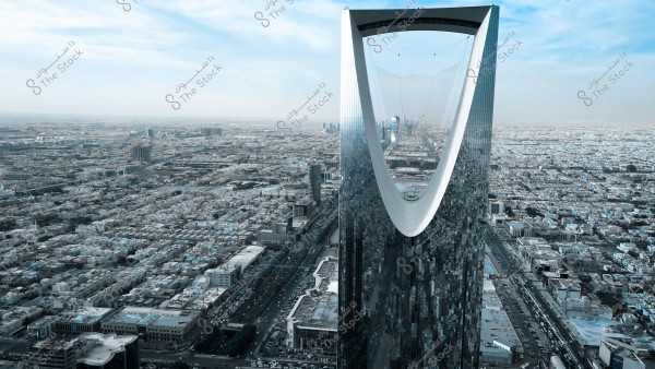 An image of the Kingdom Tower in Riyadh, Saudi Arabia, showing the tower at a great height, which stands as an iconic architectural landmark in the city. The building features a large distinctive opening at the top. The scene extends to showcase the surrounding city, with buildings and streets sprawling under a clear blue sky.