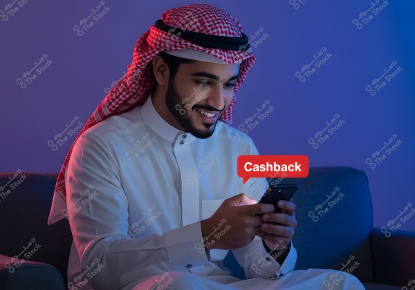 A portrait of a man sitting on a sofa wearing traditional Arabic attire with a red checkered headscarf. He appears happy while holding his smartphone, with a notification on the screen displaying the word \"Cashback\".