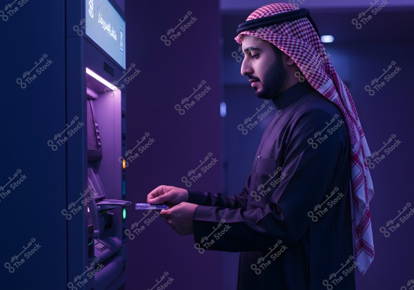 An image of a man wearing traditional Middle Eastern attire, including a thobe and ghutra, standing at a modern ATM machine. The scene is lit with soft purple lighting, and the man appears focused on using a bank card for a transaction. The screen on the ATM displays text indicating \"Cash\". The setting suggests an indoor bank or financial center in the Gulf region.