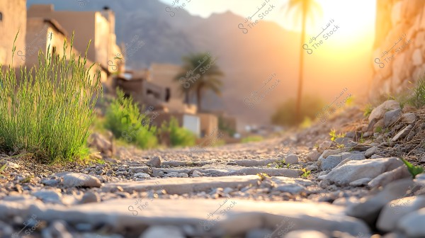 A natural scene of a gravel-covered dirt road in a traditional village, with small plants growing on either side. Trees and green vegetation are visible in the background, alongside traditional houses made of stone or mud. The sun is setting behind the mountains, casting a warm golden light over the scene.