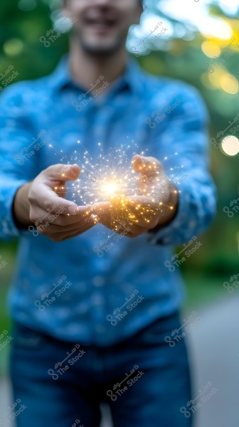 A person wearing a blue shirt is standing outdoors, holding a glowing light resembling stars in their hands, emitting a golden hue. The background is green and blurred, creating a sparkling effect in the scene.