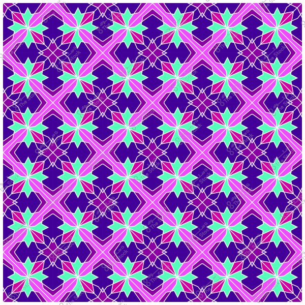 نمط هندسي متكرر بألوان زاهية, يتكون من أشكال نجمية باللونين الفيروزي والوردي, تتداخل مع خطوط هندسية باللون الأرجواني الغامق خلفية الصورة بنفسجية.
                            
-
