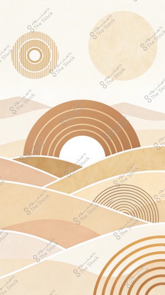 لوحة فنية تجريدية تعرض خلفية بألوان محايدة وبنية فاتحة مع أنماط هندسية دائرية. تحتوي الصورة على مجموعة من الدوائر والأقواس المتداخلة, مما يخلق نمطًا يشبه مشهدًا طبيعيًا أو تلالًا منمقة. الألوان المستخدمة هي البني الفاتح, البيج, والذهبي, مما يمنح الصورة مظهرًا هادئًا ومتناغمًا.