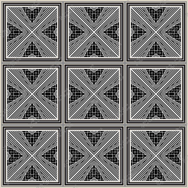 A repetitive geometric pattern consisting of nine squares, each containing symmetrical intersecting lines with a black and white design and intricate background details.