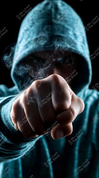 An image of a person wearing a hooded sweatshirt, with their face partially obscured by shadow. The focus is on their fist pointed forward. Smoke surrounds the figure, adding a sense of mystery.