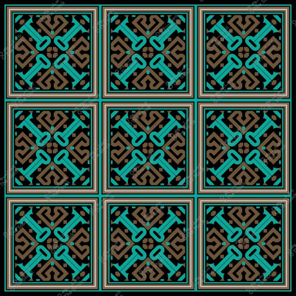 Tile panel featuring an Islamic geometric pattern in blue, brown, and black, arranged in 9 equal squares.