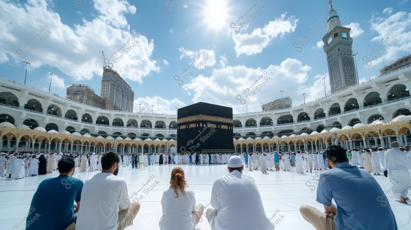 The image shows the Kaaba at the center of the Grand Mosque in Mecca, surrounded by many worshippers performing Tawaf. The famous Clock Tower is visible in the background, and the sky is clear with a few clouds. Several people are seated in the foreground wearing white clothing, partaking in the spiritual atmosphere of the visit.
