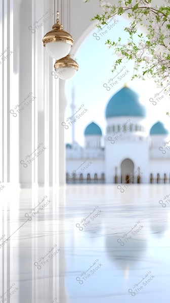 A beautiful view showing a mosque with blue domes and white columns in the blurred background. In the foreground, hanging golden lamps add elegance to the scene, along with flowering branches on the right side. The mosque\'s floor is shiny marble.