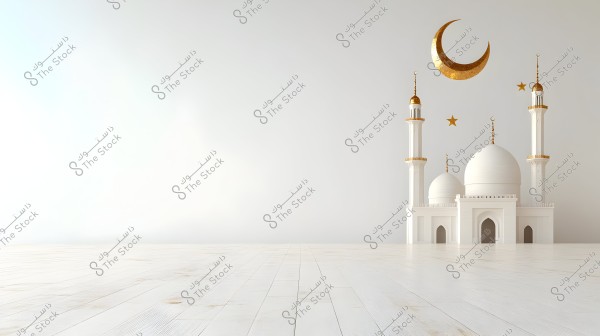 Image of a white mosque with Islamic architectural design, featuring large domes and three towering minarets topped with a golden crescent. The image shows an empty white wooden floor and a simple background. A large golden crescent and two stars are above the mosque.