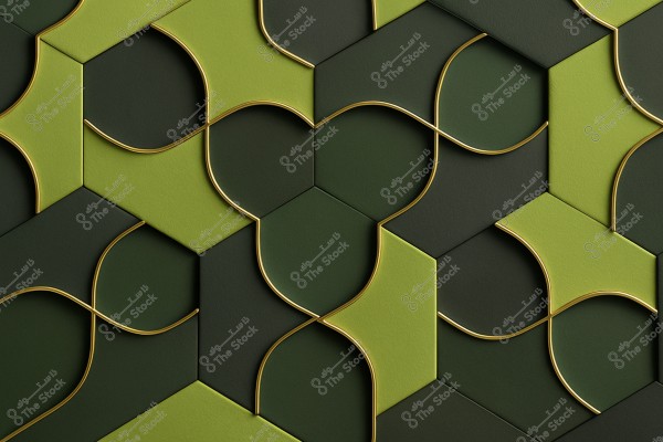 A geometric pattern consisting of interlocking hexagonal blocks in various shades of green with golden edges. The design includes a mix of hexagons and arcs, creating a complex artistic overlap.