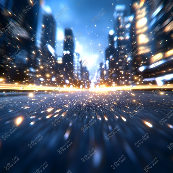 An image of an urban cityscape at night, featuring tall buildings illuminated by bright lights. In the foreground, there is a road with a light effect that resembles sparkling stars, creating a sense of motion and speed.