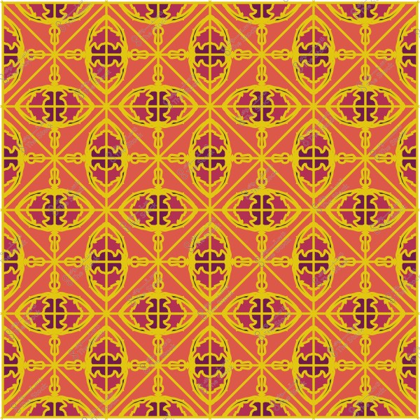 نمط زخرفي هندسي بألوان برتقالية وأرجوانية مع تفاصيل باللون الأصفر.