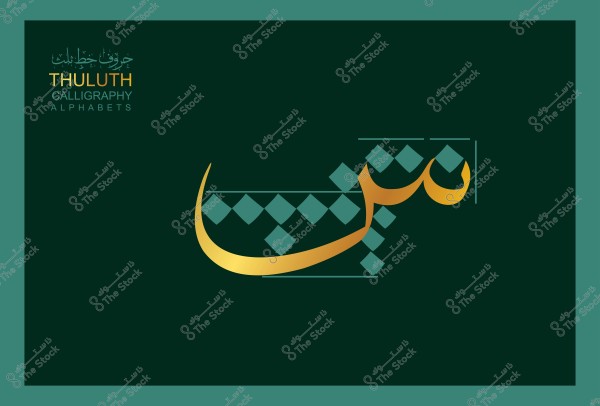 An image featuring Thuluth calligraphy art, with the word \"ثلث\" written in traditional Arabic script. The word is in a slanted golden color against a dark green background. In the upper left corner, there is text in Spanish: \"THULUTH CALLIGRAPHY ALPHABETS\" written in white and green letters.