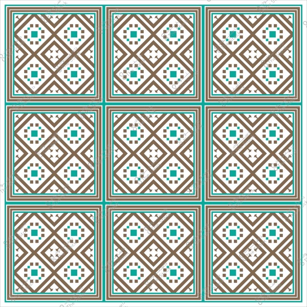 تصميم هندسي بلاط مزخرف بنمط متماثل بألوان بُنية وزرقاء وبيضاء.