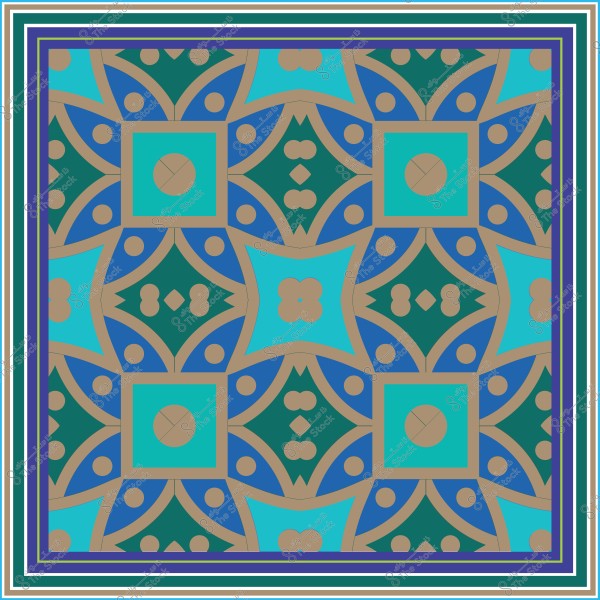 تصميم هندسي بأشكال مربعة ودائرية وزخارف بالألوان الأزرق والبني والفيروزي.