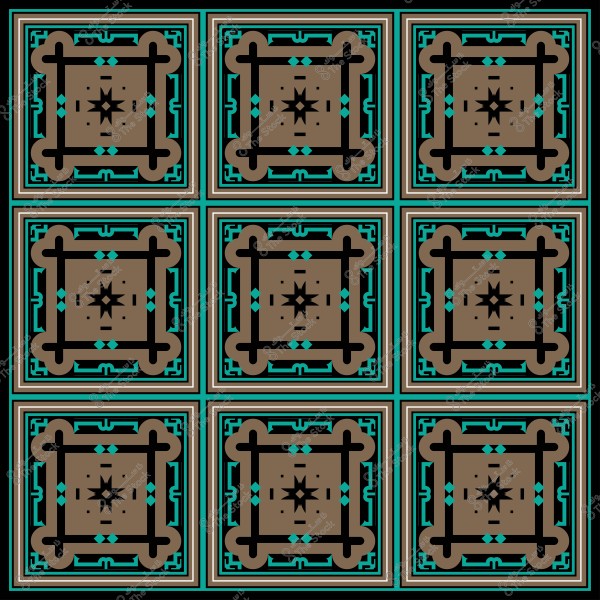 نمط زخرفي هندسي مُربع مُتكرر بألوان بني, أخضر وأسود.