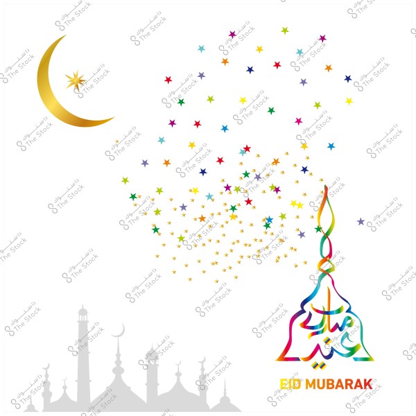 Artistic design featuring colorful stars and a golden crescent with the words "Eid Mubarak" in Arabic and English, with a gray mosque minaret at the bottom.