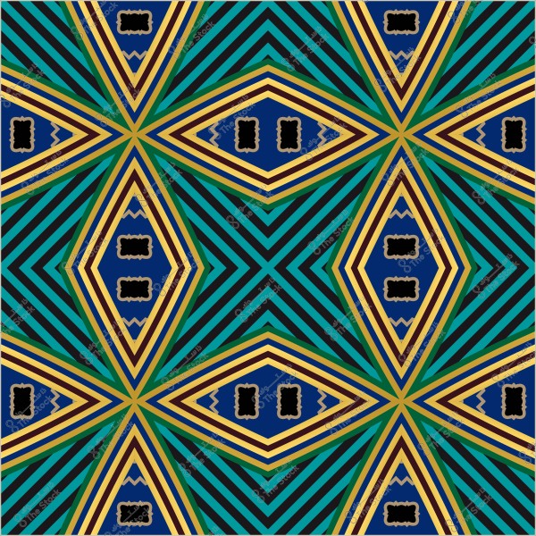 نمط هندسي ملون يتكون من أشكال ماسية باللون الأزرق والأخضر والأصفر, تتقاطع بخطوط متوازية لتكوين تصميم متناظر وجذاب.