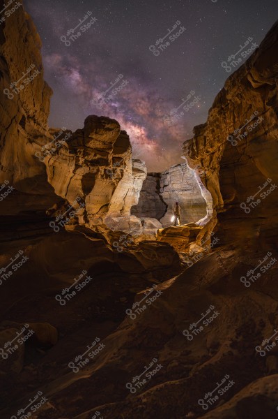 A nighttime scene of a desert location surrounded by large rock formations, with a person standing alone holding a light source. The sky is filled with stars, showcasing the Milky Way galaxy clearly. The surrounding rock formations create a dramatic and serene atmosphere.