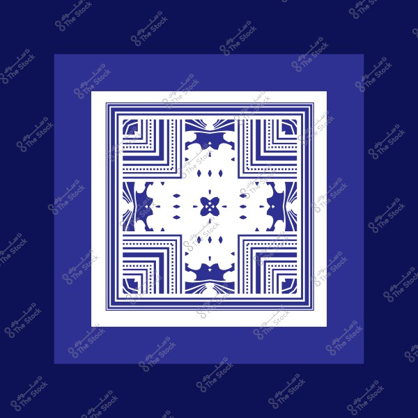 تصميم هندسي باللونين الأزرق والأبيض, يتميز بخطوط متكررة وزخارف نجمية في المنتصف محاطة بأنماط معقدة ومستطيلات متدرجة في الأركان. الإطار الخارجي يتميز بلون أزرق غامق.