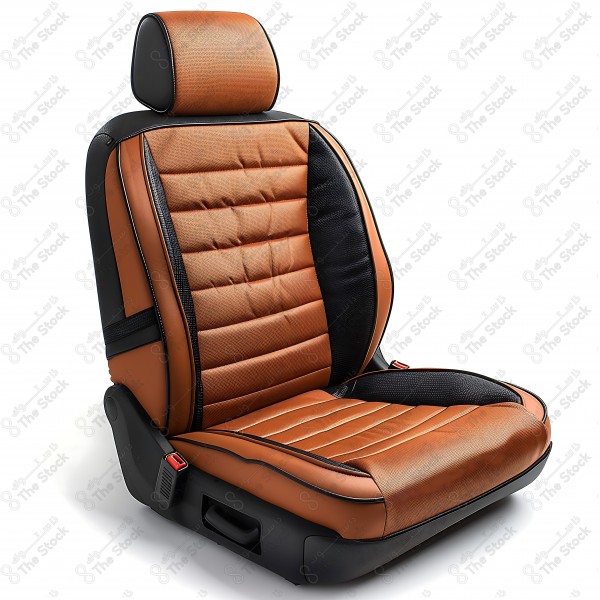 Brown and black leather car seat with headrests, designed for use in vehicles. by AI