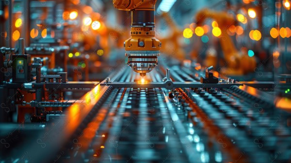 Close-up of an orange robotic arm assembling a product on a conveyor belt in a modern factory